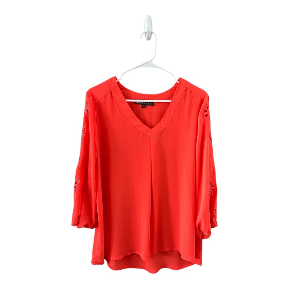Brixton‎ Ivy Neon Orange V-Neck Floral Cut Out 3/4 Sleeve Blouse